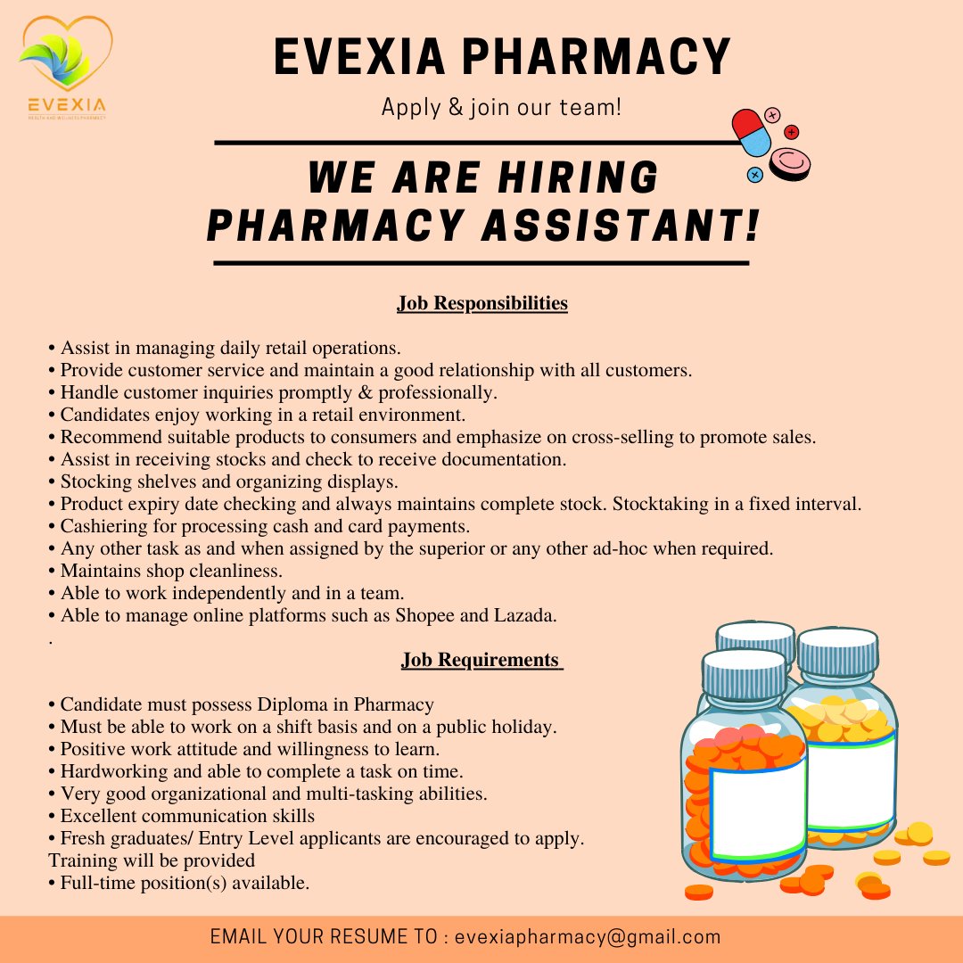 Hello everyone! 

We are looking for people with passion to join 
our team as Pharmacy Assistant immediately.

Kindly email your resume to evexiapharmacy@gmail.com 
Thank you ! 

#evexiapharmacy #ipohjobvacancy #jawatankosong #ipoh #jobvacancy #pharmacyassistant #sharingiscaring