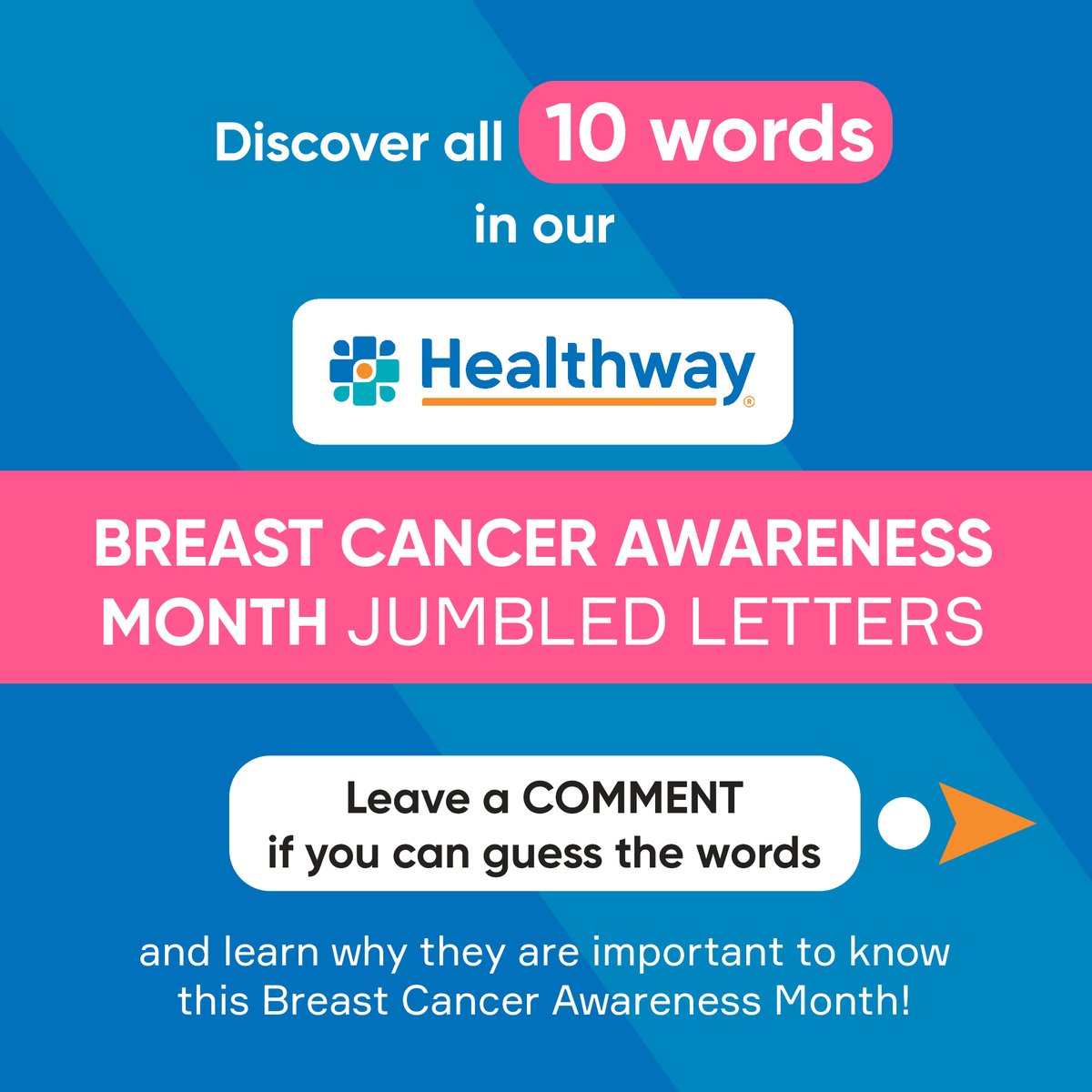 HealthwayPH's tweet photo. Guess all 10 WORDS in this #Healthway jumbled letters challenge and discover why they're important to know this #BreastCancerAwarenessMonth. 

Tell us the words you can guess or tag a friend!

#breastcancer #BreastCancerAwarenessMonth2021 #breastcancerawareness https://t.co/7BWAiImUUR