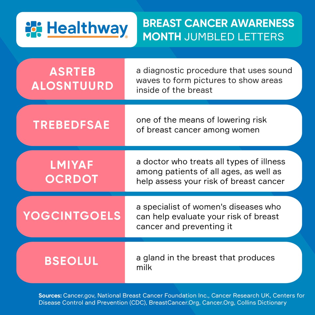 HealthwayPH's tweet photo. Guess all 10 WORDS in this #Healthway jumbled letters challenge and discover why they're important to know this #BreastCancerAwarenessMonth. 

Tell us the words you can guess or tag a friend!

#breastcancer #BreastCancerAwarenessMonth2021 #breastcancerawareness https://t.co/7BWAiImUUR