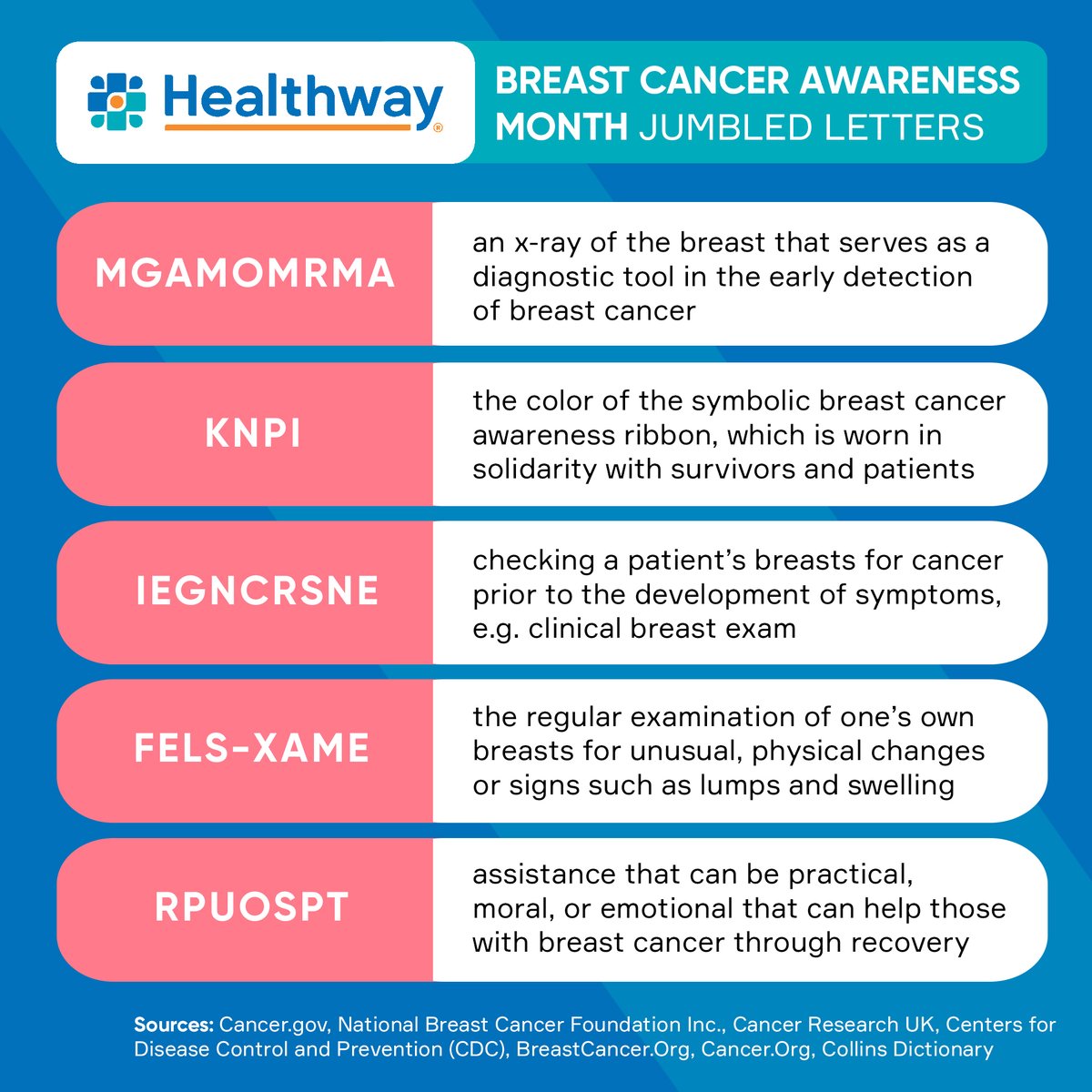 HealthwayPH's tweet photo. Guess all 10 WORDS in this #Healthway jumbled letters challenge and discover why they're important to know this #BreastCancerAwarenessMonth. 

Tell us the words you can guess or tag a friend!

#breastcancer #BreastCancerAwarenessMonth2021 #breastcancerawareness https://t.co/7BWAiImUUR