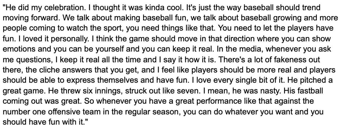 Carlos Correa loved it that Eduardo Rodríguez pointed to his wrist tonight after he got him out, mocking Correa's home run celebration from Game 1. Here's what Correa said about it after the game: