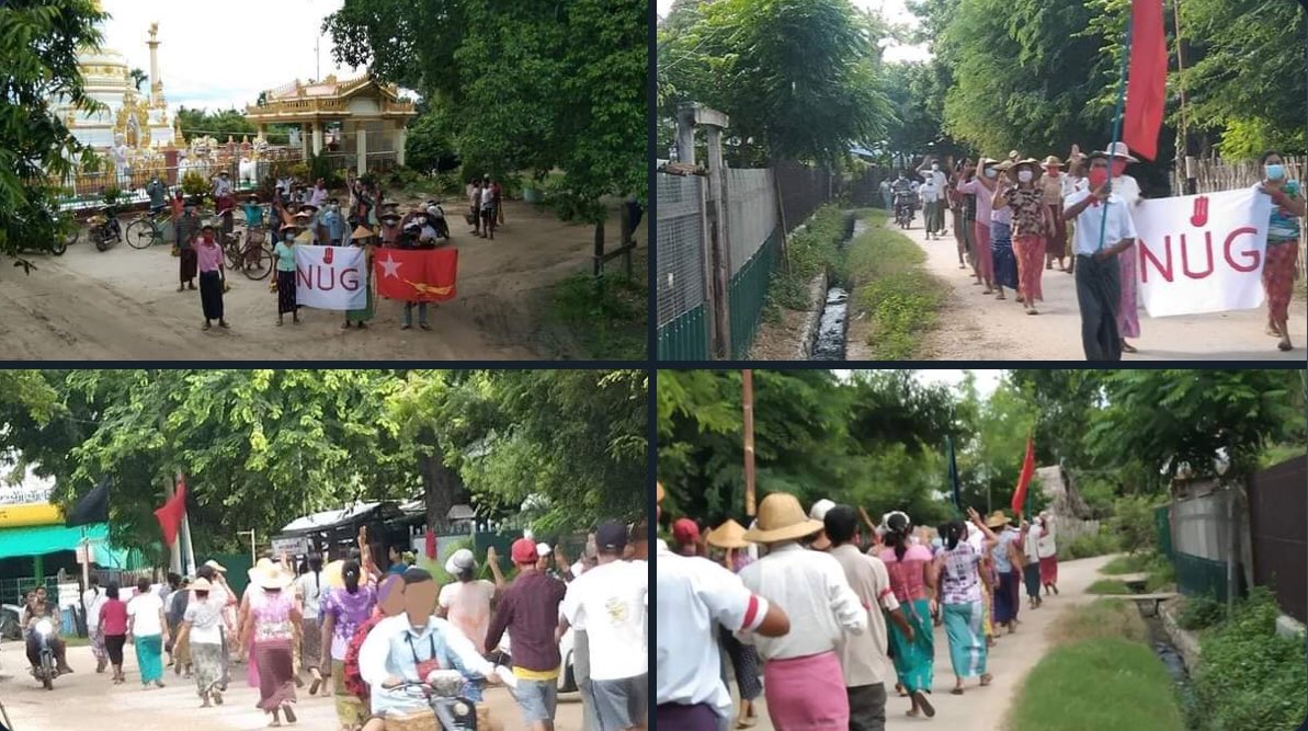 BluemoonAngel2's tweet photo. Unrelenting people from Shwebo, Sagaing region, took a stride in marching as a strike to overthrow military dictatorship today, flying the flags high.   #WhatsHappeningInMyanmar #Oct19Coup #HelpMyanmarIDPs https://t.co/p67vi94N89
