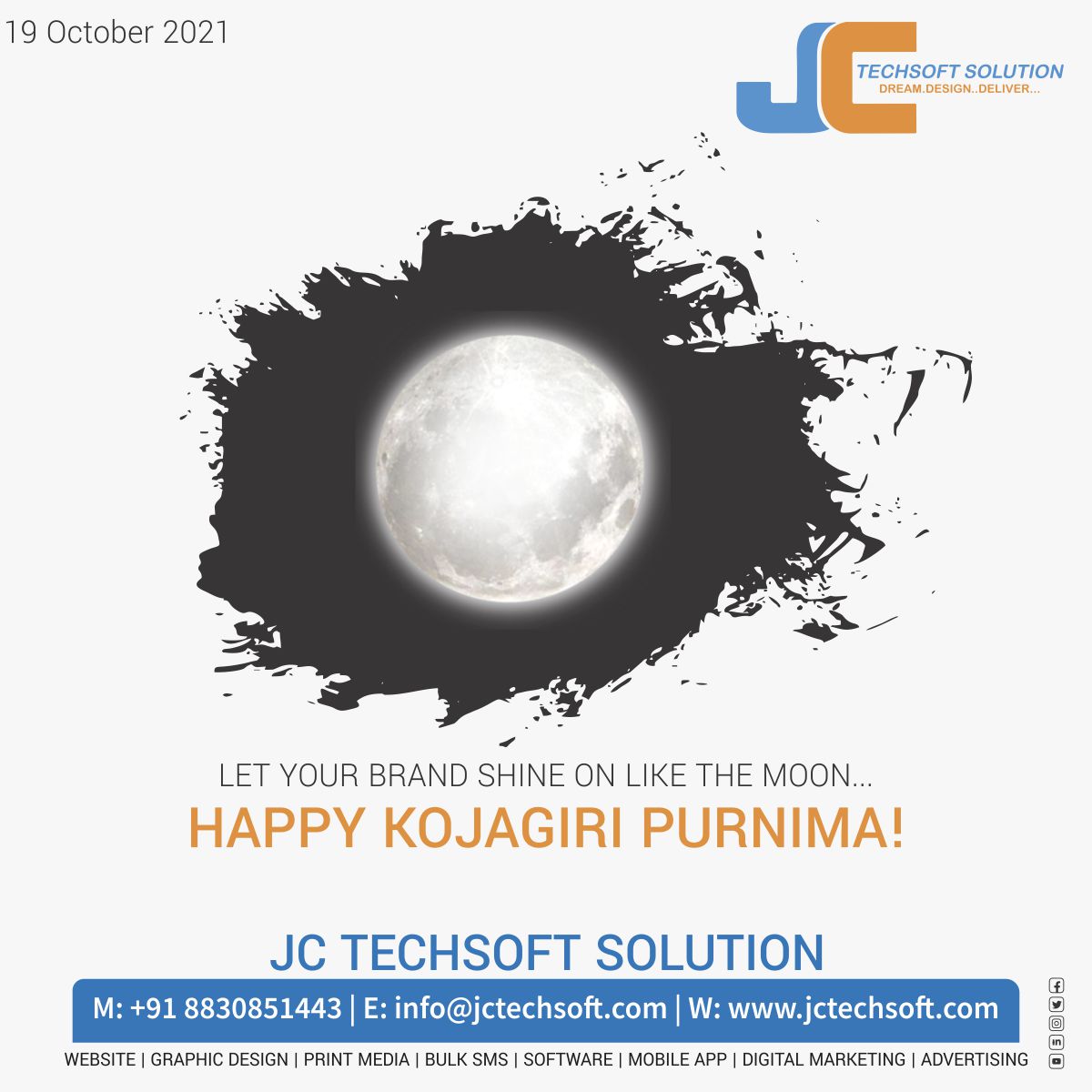 jctechsoft's tweet photo. Let Your Brand shine on like the Moon...
Happy kojagiri Purnima!
#kojagiripornima #kojagiri #HappySharadPurnima #covidsafety #webdesign #advertising #branding #seo #bulksms #voicecall #Socialmedia #Digitalmarketing  #printmedia #chalisgaon #jctechsoft #jctechsoftsolution https://t.co/X4e135cSAd