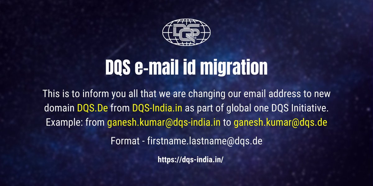 DqsNxt's tweet photo. This is to inform you all that we are changing our email address to new domain https://t.co/GC7xiIlu9c from https://t.co/tqdoQH9Giz as part of the global one DQS Initiative.

#WeAreDQS https://t.co/SDC3soAiGD