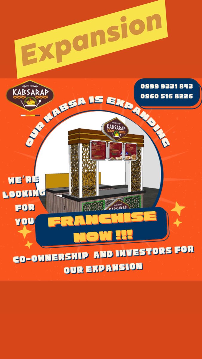 kabsarap's tweet photo. FRANCHISING IS OPEN FOR ALL…
Franchise starts at 300K.
Send a message at  KabSarap &amp; Kabsarap Infinity Branch FACEBOOK PAGE to get your second branch for FREE or CALL us at 09999331843 https://t.co/dDdS5lqyM9