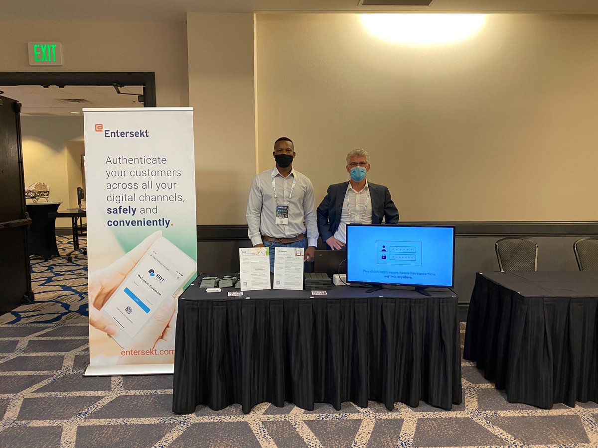 Entersekt's tweet photo. Our colleagues Mzu and Chris kicked things off at the FIDO #Authenticate2021 conference! Be sure to come and say hi at booth 19, finally in-person! #FIDO #FIDO2 #payments #paymentsauthentication #fintech #fintechinnovation #passwordless #authentication #appfree #SCA https://t.co/9zTlPP1ADd