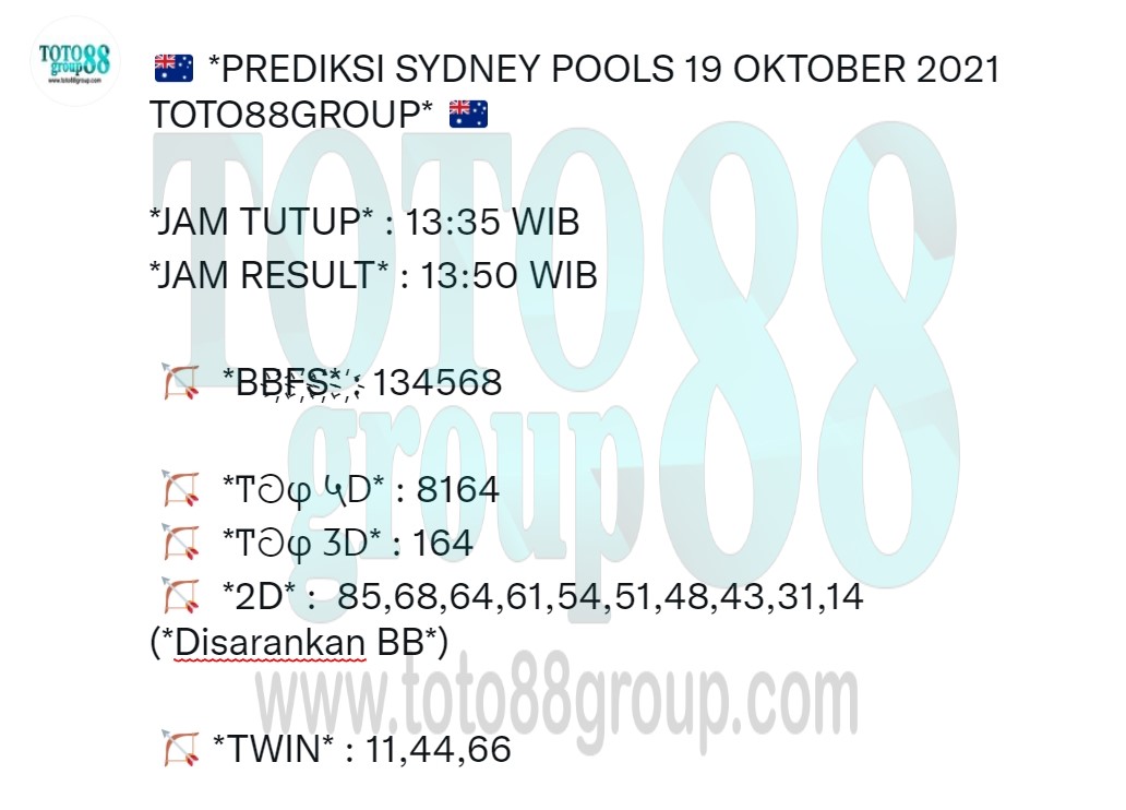 GroupToto88's tweet photo. 🇦🇺 PREDIKSI SYDNEY POOLS 19 OKTOBER 2021 TOTO88GROUP 🇦🇺 https://t.co/J7SyooeVCc