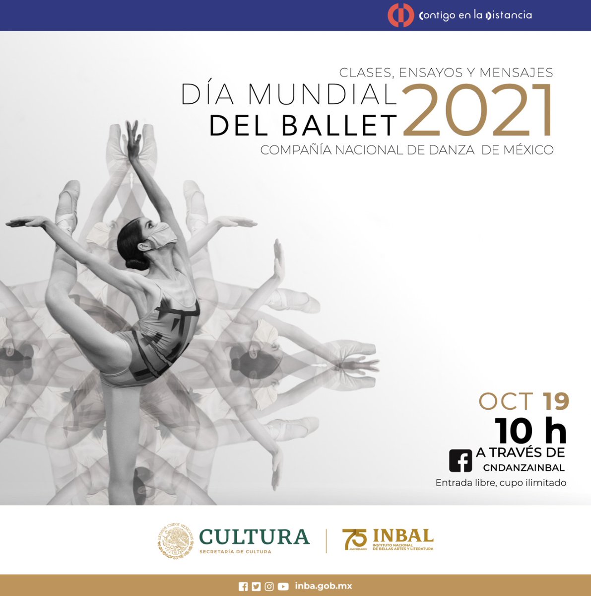 bellasartesinba's tweet photo. Hoy martes 19 de octubre se celebra el #WBD2021 🩰, por este motivo la @CNDanzaMX te compartirá, a través de su página de Facebook, el fragmento de una clase, la preparación de algunos ensayos y mensajes de sus integrantes. ¡No te lo pierdas! 😉 https://t.co/32FqMvzGkk