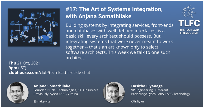 h_liyan's tweet photo. This Thursday 9pm (IST), listen to @makewita as he shares his years of experience in systems integration.
https://t.co/vWsbX9r73W #TLFC https://t.co/nqIemOzWJG