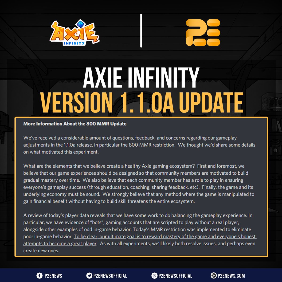 P2ENewsOfficial's tweet photo. The 800 MMR update will today take effect!

Reducing the amount of bots in the ecosystem, enabling more competitive play and potentially even reducing the amount of $SLP being minted and sold daily. 😮

Source: ProgrammaticallyPull, via Discord https://t.co/bOgEay5UkC