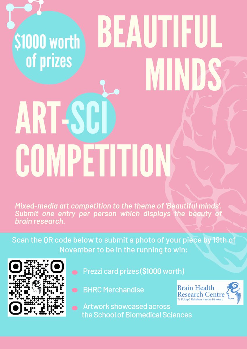 Calling all budding artists and brain research enthusiasts! It is your chance to win in the 'Beautiful Minds' competition with up to $1000 worth of prizes 🤩 Entries close on 19th of November. @EMCR_OtagoHS_NZ Make sure you click into the full poster to see the deets to enter!