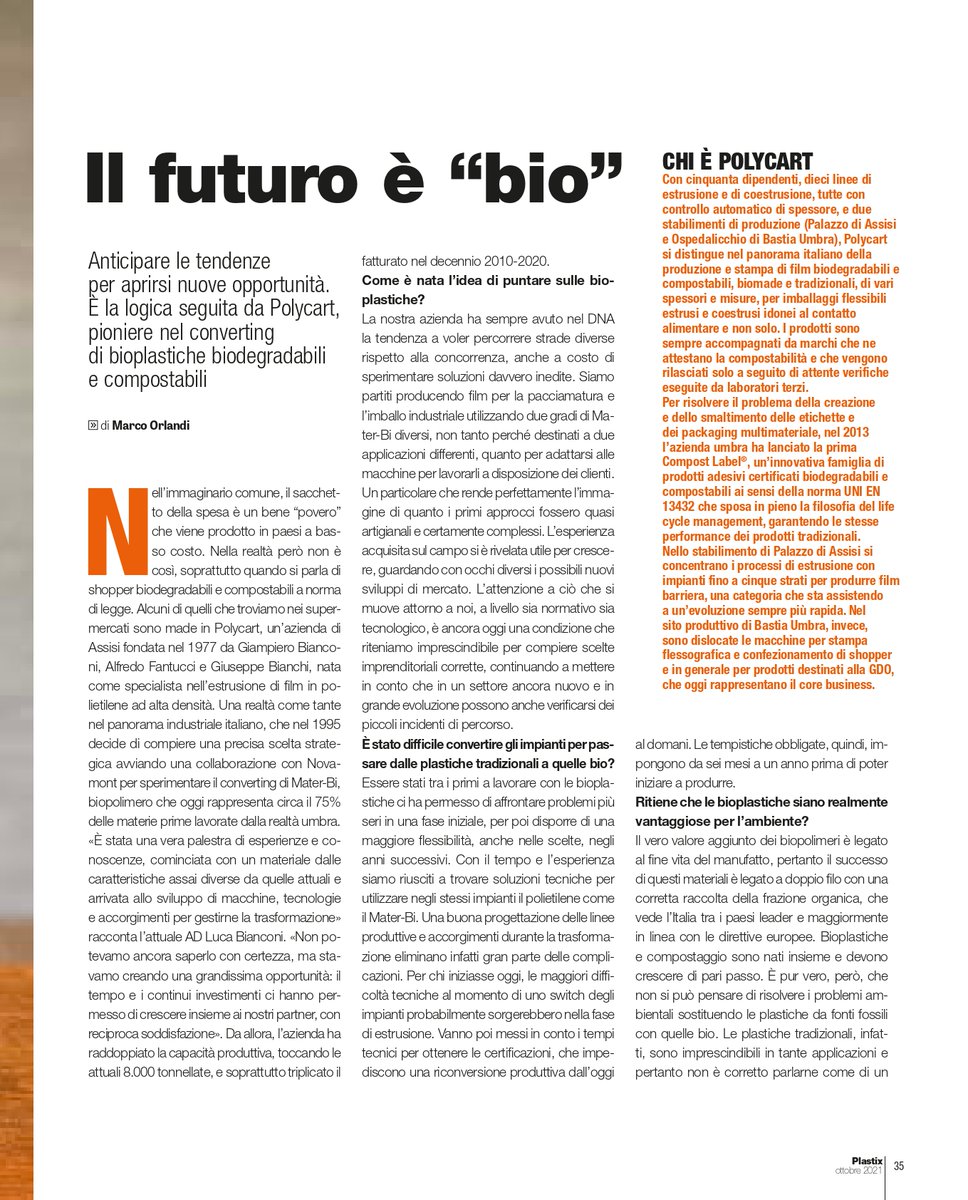polycartspa's tweet photo. 📰Sulle pagine di #Plastix, mensile dedicato agli operatori del settore delle materie plastiche, il nostro AD @LucaBianconi75 ha raccontato la nascita e gli sviluppi di #Polycart: "Puntare sulle bioplastiche, già nel 1995, è stata la decisione giusta".
Leggi l'articolo integrale! https://t.co/96wzd8sagx
