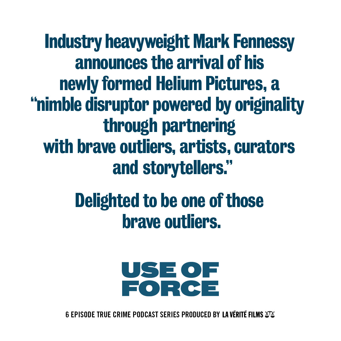 Partnering with Mark Fennessy to produce the Use Of Force TV series is an exciting development for La Vérité Films. Tune into episode 8 of the podcast to hear how it all unfolded over lockdown. Exciting times ahead.

#femalestory #TVseries #truecrime 
#podcast #truecrimepodcast