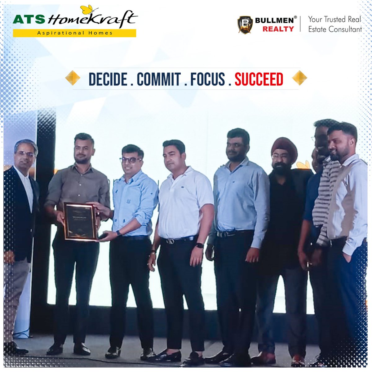 BullmenRealtyIN's tweet photo. As it says- Decide. Commit. Focus. SUCCEED.
One more developer, one more felicitation, one more milestone grabbed by our team in Noida. @Atshomekraft honored us for our committed achievements and onboarding valuable clients.
Cheers Team Noida, #moretocome
#bullmen https://t.co/htEvSf9tMd