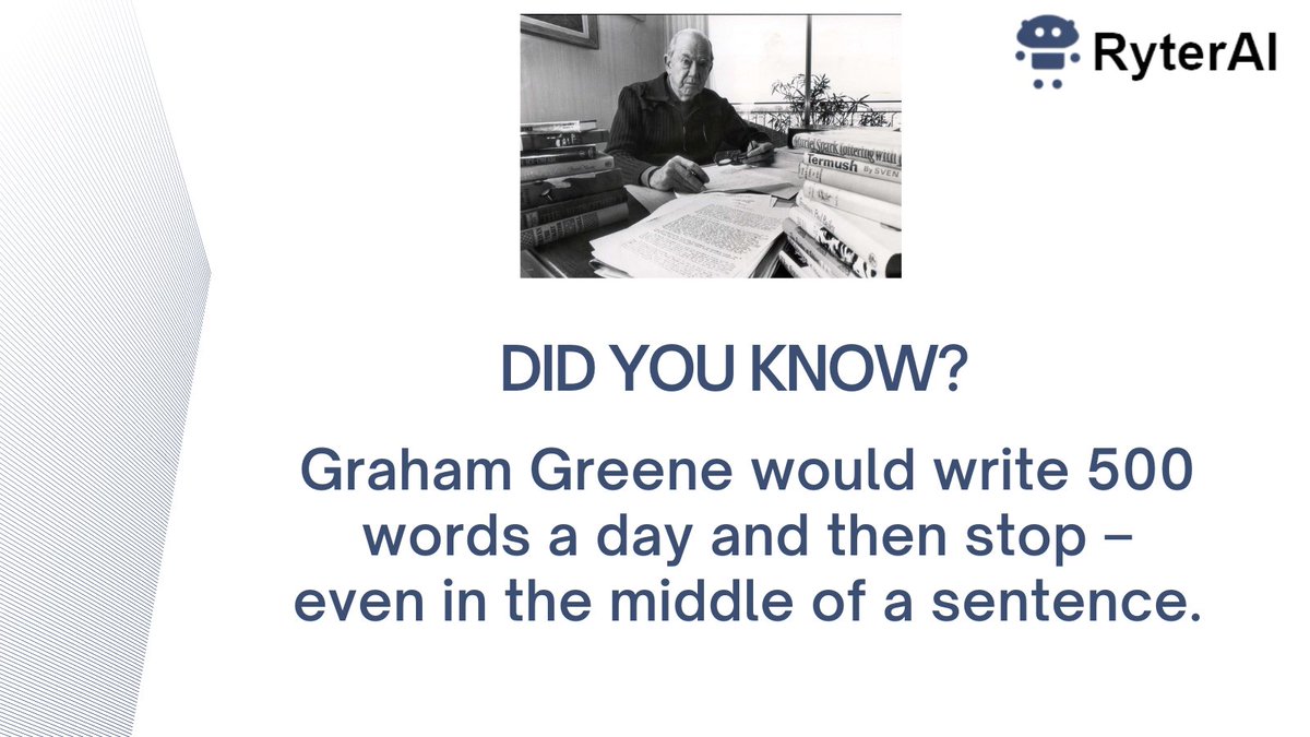 Not_done_yet_99's tweet image. Fact: 
Graham Greene would write 500 words a day and then stop – even in the middle of a sentence.
#ryterai #writer #contentgenerator #contenttransformer #blogging #content #Digitaladvertisement #blogcontent #Socialmediacontent #Facts #writerfacts