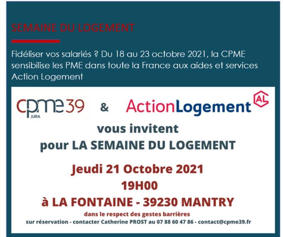Cpme39's tweet photo. #SemaineDuLogement
Rendez-vous le jeudi 21 octobre 2021 à 19h00 pour une conférence @ActionLogement pour informer vos salariés. https://t.co/4rqBKdJMNF