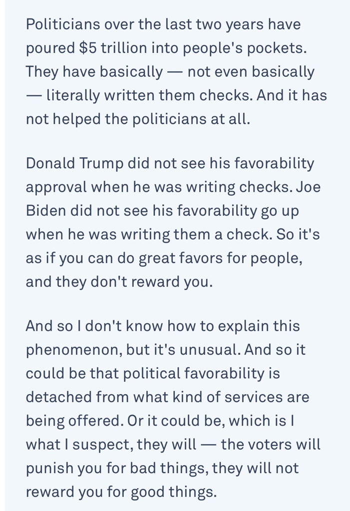 semil's tweet photo. Been thinking about this line from David Brooks: “voters will punish you for bad things, they will not reward you for good things.” https://t.co/tFZXLjJsap