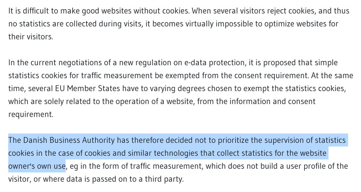 Danish DPA to stop pursuing (under ePrivacy) websites that only use statistics cookies.

“…it is proposed that simple statistics cookies for traffic measurement be exempted from the consent requirement.”

Translated from here: erhvervsstyrelsen.dk/erhvervsstyrel…

h/t <a href="/HoloMarkeD/">Mark Edmondson</a>