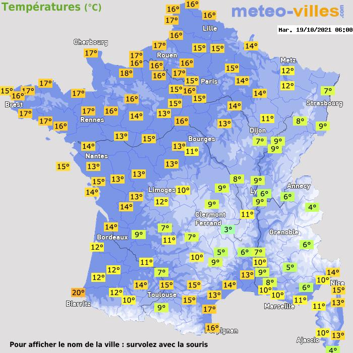 🟠 Il fait excessivement doux ce matin du 19 octobre, sous l'influence du flux de sud. Quelques valeurs à 7h :

➡ 22,5°C à Saint-Jean-de-Luz (64)
➡ 21,1°C à Biarritz (64)
➡ 18,1°C à Caen (14)
➡ 17,9°C à Dieppe (76)
➡ 17,6°C à Calais (62) &amp; Dinard (35)
➡ 17,4°C au Havre (76)