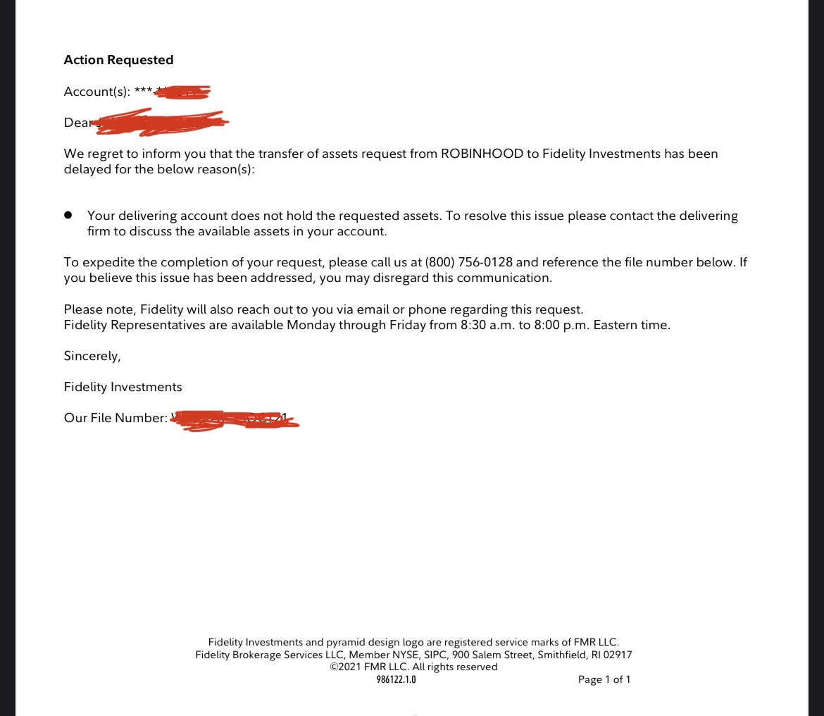 GSOTLDT's tweet photo. Very strange. I received this message today from Fidelity in response to my third time transferring amc stock out of Robinhood. #AMCSqueeze #AMC #AMCtothemoon #AMCSTRONG https://t.co/7t2YzhLaPH