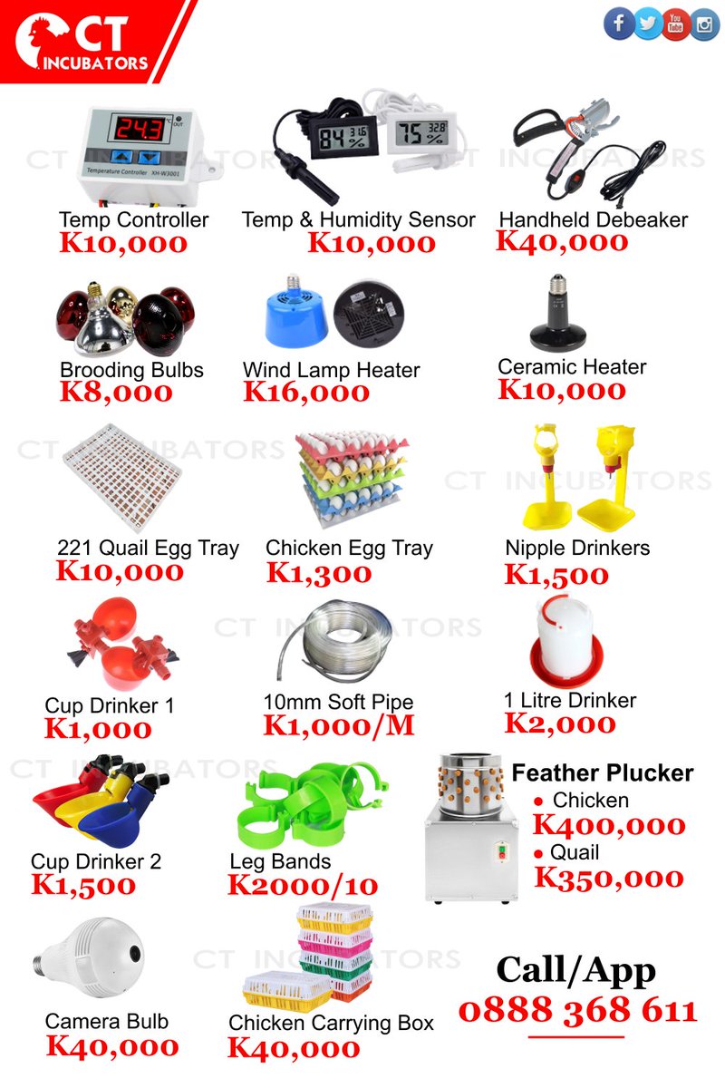 CtIncubators's tweet photo. Talk to us for your requirements of Poutry accessories. 

We are in Lilongwe, area 49, Dubai.

Call/WhatsApp 0888368611

#Poultry #Malawi #Hatching #Chickens #Agriculture #Quails #Business #Eggs #entrepreneurship @reekid #Lilongwe https://t.co/AoGAuLzZWR
