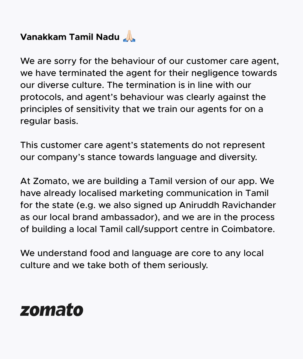 zomato's tweet photo. Vanakkam Vikash, we apologise for our customer care agent's behaviour. Here's our official statement on this incident. We hope you give us a chance to serve you better next time. 

Pls don't #Reject_Zomato ♥️ https://t.co/4Pv3Uvv32u
