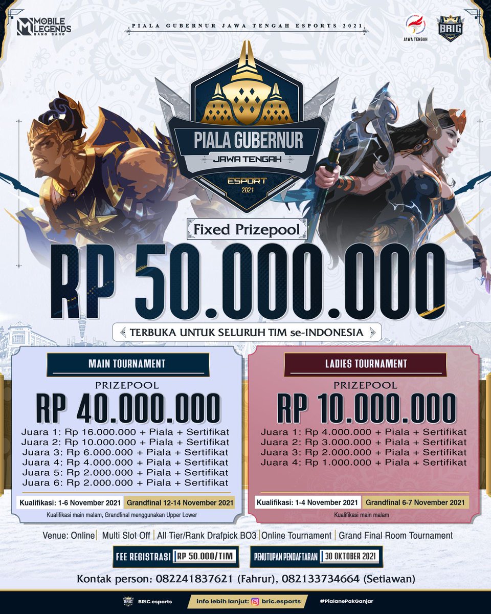Jokokere_'s tweet photo. GAMERS EXIBITION Piala Gubernur Jawa Tengah Esport 2021. Total hadiah 50 Juta.
Segera Daftar !!!
CP : 082241837621 (Fahrur) / 082133734664 (Setiawan)
Organize By : @bric.esports
#PialaGubernurJatengEsports2021
#PialanePakGanjar
#PGJATENG2021
#LightOfVictory https://t.co/HvV8U8WQHO