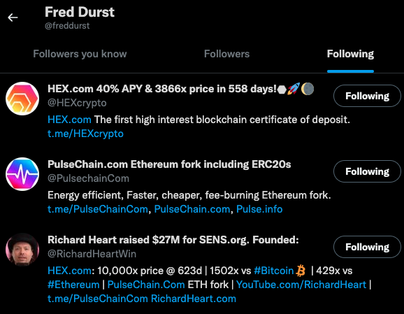 automatorca's tweet photo. follow...freddurst as he has large exposure... your #hex $hex related tweets may get some positive #pulsecrypto #pulsechain pre-viral attention,
he only follows 3 accts...
@HEXcrypto
@RichardHeartWin
@PulsechainCom https://t.co/OUvKhPz9k2