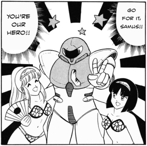 This panel from a Japanese Metroid strategy guide in 1986 makes me love the idea of everyone's favourite space queen Samus Aran gettin' the girls! 