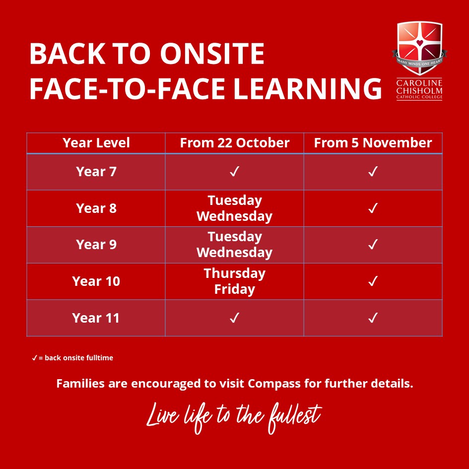CCCC_Braybrook's tweet image. As we say goodbye to our Year 12 students, we&apos;re excited to welcome back onsite other year levels from this Friday. Years 7 and 11 are back full-time, with the remaining year levels staggered - see below. All students return full time from 5 November.
#weclomeback #onsitelearning