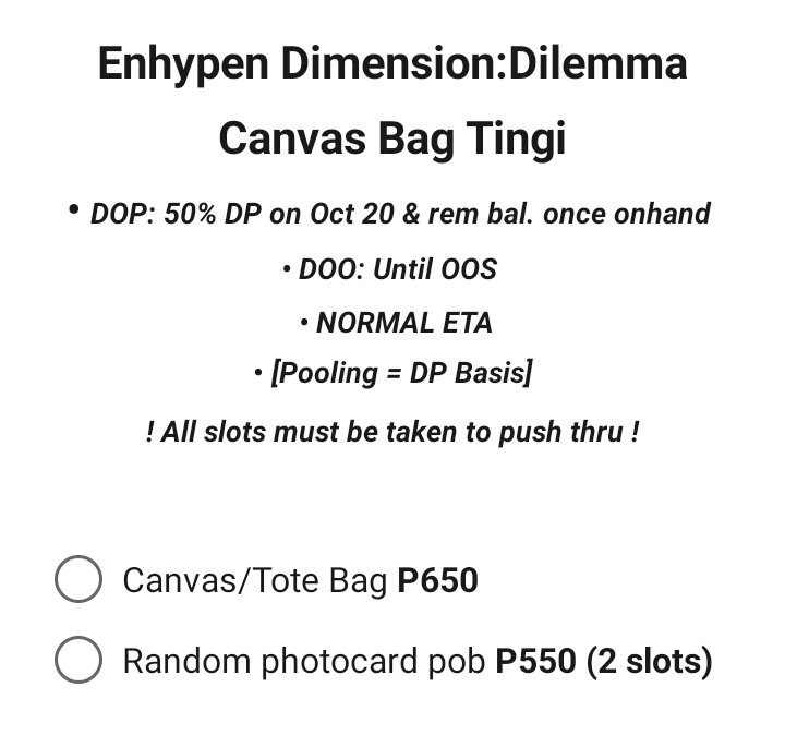 Shopia_ph's tweet photo. #ShopiaGO | Enhypen Dimension:Dilemma Canvas Bag Tingi [BATCH 2]

• DOP: 50% DP on Oct 20 &amp; rem bal. once onhand 
• DOO: Until OOS 
• NORMAL ETA
(more info on pic)

comment mine + item https://t.co/QtOGapXNPT