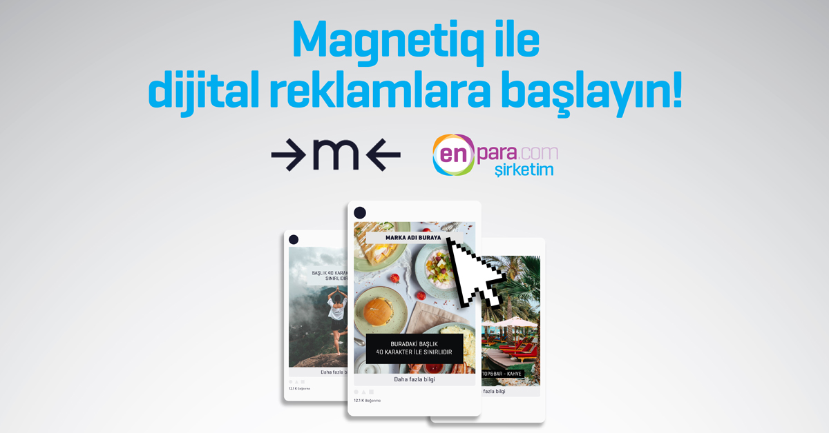 Magnetiq ile tek bir panel üzerinden Google, Facebook ve Instagram’da kolayca reklam verebilir, hazır reklam şablonlarını kullanabilirsiniz. Ayrıca 31 Aralık’a kadar Magnetiq’e üye olursanız aylık 99 TL olan "Sınırsız Plan” paketi 1 yıl boyunca ücretsiz! bit.ly/3j9a4Gb
