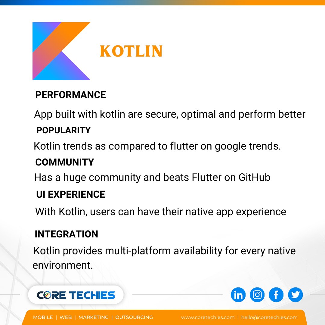 CoreTechies's tweet photo. Flutter v/s Kotlin. Find out some interesting facts about both of them.
#coretechies #Kotlin #flutter #flutterdev #technology #Technologies #itcompany #mobileapp #mobileapps #mobileappdevelopments #Entrepreneurs #smallbusiness #marketingstrategy #business #startups #businessplan https://t.co/QZsz7nhkXi