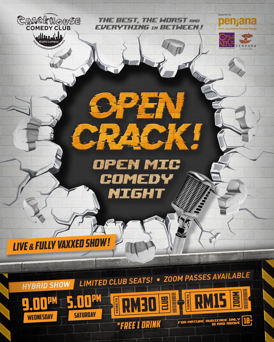 𝗪𝗘𝗗𝗡𝗘𝗦𝗗𝗔𝗬 9pm
𝘖𝘱𝘦𝘯-𝘮𝘪𝘤 𝘊𝘰𝘮𝘦𝘥𝘺 
opencrack20oct.peatix.com

𝗧𝗛𝗨𝗥𝗦𝗗𝗔𝗬 9pm 
𝘉𝘈𝘏𝘈𝘏𝘈𝘚𝘈! 100% 𝘚𝘵𝘢𝘯𝘥𝘶𝘱 𝘤𝘰𝘮𝘦𝘥𝘺 𝘪𝘯 𝘉𝘔
bahahasa21oct.peatix.com

𝗙𝗥𝗜𝗗𝗔𝗬 &amp; 𝗦𝗔𝗧𝗨𝗥𝗗𝗔𝗬 9pm
𝘏𝘌𝘈𝘋𝘓𝘐𝘕𝘌𝘙𝘚
kerenandriezmanoncrack.peatix.com