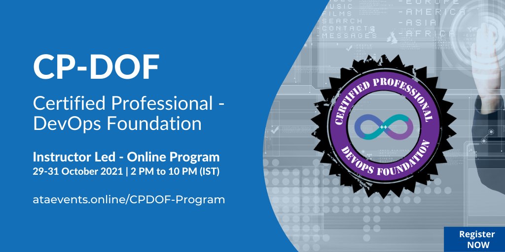 AgileTAlliance's tweet photo. Be a #CPDOF (Certified Professional – DevOps Foundation). #NEXT CP-DOF "DevOps Foundation” Training Program details:

29th - 31st October 2021
2:00 pm - 10:00 pm (IST)
Mode : Online.

Don't wait. Register NOW: https://t.co/xY0GMkOl4k

#DevOps #DevOpsFoundation #DevOpsTraining https://t.co/el1XU0ldxh