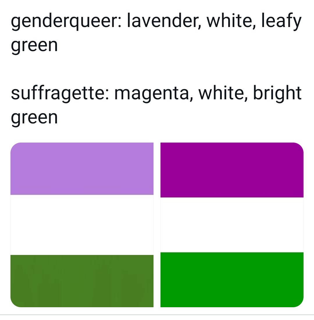 It’s so saddening and frustrating to me that the TERF colours (taken from the suffragettes) are so close to those of the genderqueer flag. I consider myself genderqueer, but I can’t ever use the colours because I’m genuinely afraid that people would mistake me for a TERF.