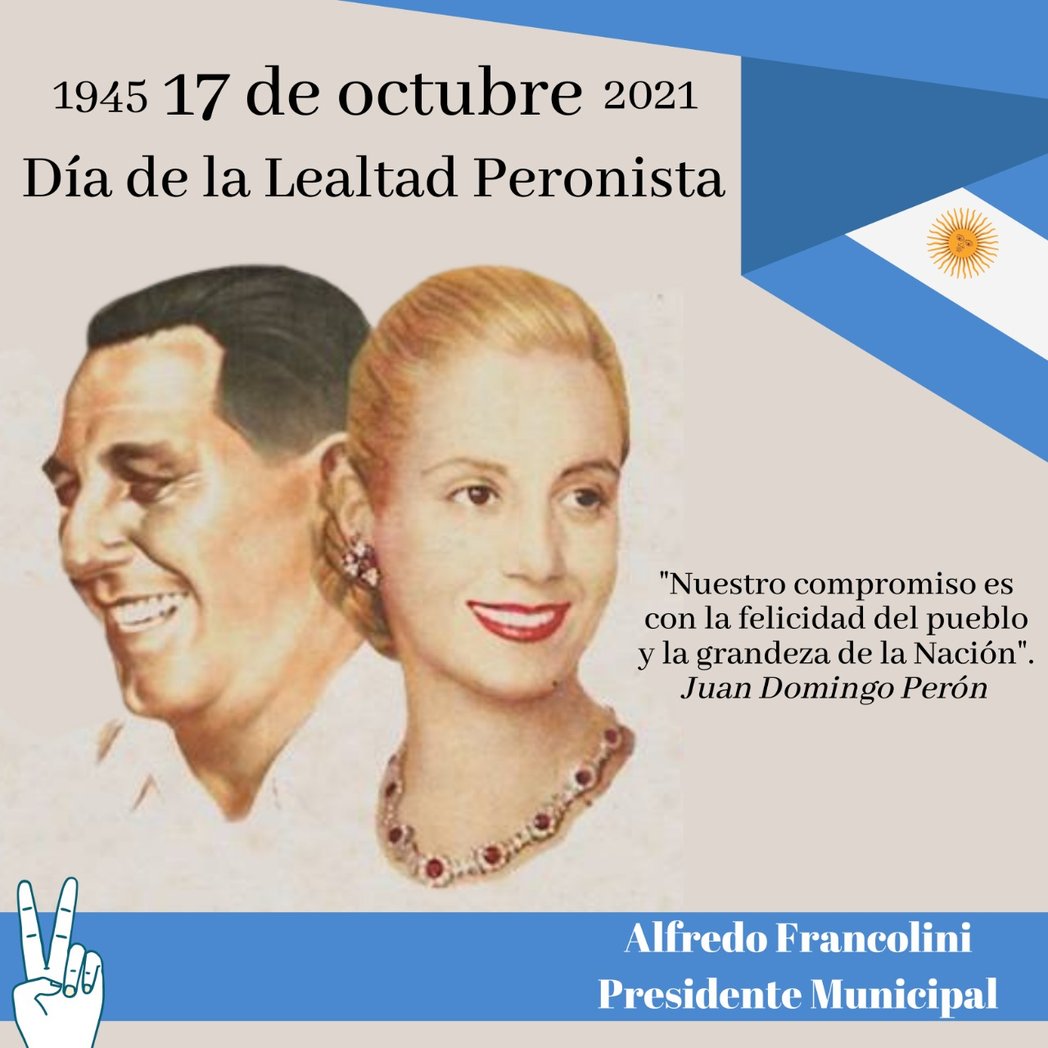 17 DE OCTUBRE ✌️☀️🇦🇷

A 76 años del nacimiento del movimiento político más importante de la historia argentina, renovamos el compromiso de seguir trabajando para levantar bien alto las banderas que enarboló el General Perón.

¡¡¡Feliz Día de la Lealtad Peronista!!!