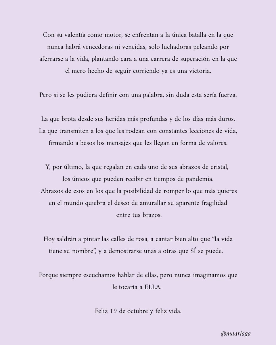 Porque siempre escuchamos hablar de ellas, pero nunca imaginamos que le tocaría a ella.

Feliz 19 de octubre y feliz vida.

Hoy y siempre, por ellas💪🏻💜

#DiaMundialdelCancerdeMama #CancerDeMama #PorEllas