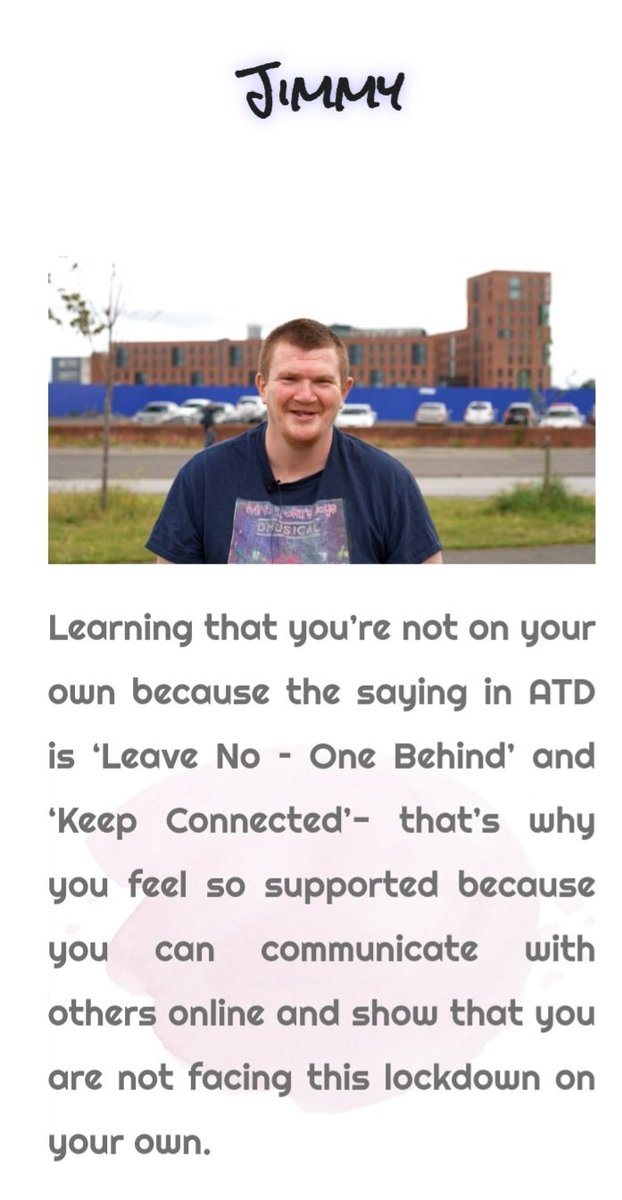ATDIreland's tweet image. Learning that you’re not on your own because the saying in @ATDIreland is ‘Leave No – One Behind’ and ‘Keep Connected’- that’s why you feel so supported because you can communicate with others online &amp;amp; show that you are not facing this lockdown on your own
atdireland.ie/wp/jimmy/