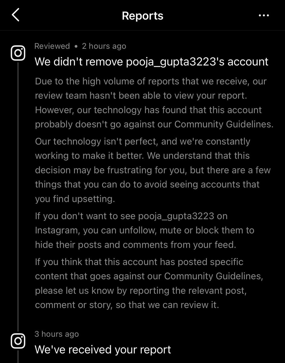 ipoojagupta's tweet photo. @instagram how can impersonating someone’s account is fine? This account has my photo, my bio and is connecting with my contacts impersonating me and asking their contact details. After reporting this account this is what I get as a reply! It’s sad to see how unsafe Instagram is https://t.co/GUZBW8mW1B