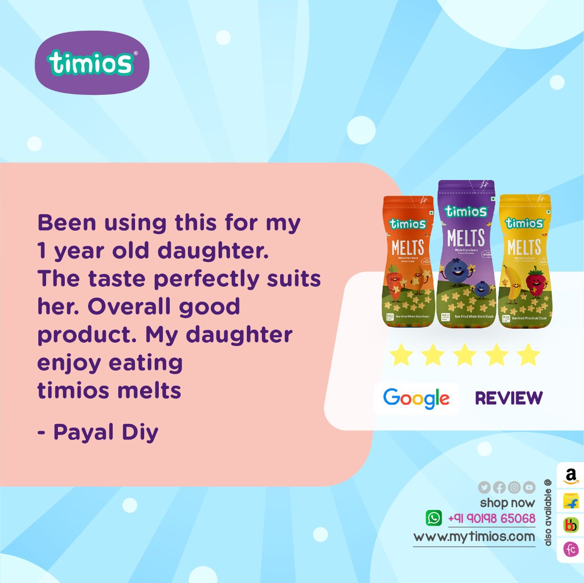 Mytimios's tweet photo. It's feel's great when our healthy range of products makes a difference in kids healthy eating habits! 
Explore a range of healthy options here - https://t.co/Z8tBnhyqU1

#MyTImios #Timios #Testimonial #HappyParents #HappyCustomers #TimiosMelts #Melts #fingerfood #HealthyandTasty https://t.co/Hik4Poyuxw