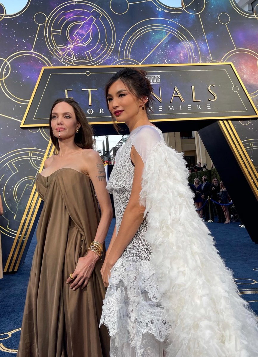 joliebad's tweet photo. Angelina Jolie and Gemma Chan at Marvel Studios' Eternals premiere https://t.co/jtNftwOLJ9