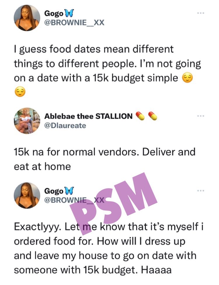 - Lady frowns at food dates with 15k budgeting.