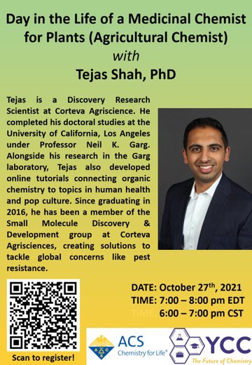 YccNash's tweet photo. Day in the Life of a Medicinal Chemist for Plants (Agricultural Chemist) 🌾🧑‍🔬 on Oct 27th 6-7 PM CT with Dr. Tejas Shah, a Discovery Research Scientist at Corteva Agriscience, will share his insights and have a Q&amp;A

To register, navigate to: https://t.co/3BquU43o6e #ycc #nashycc https://t.co/HhKnACMLXX