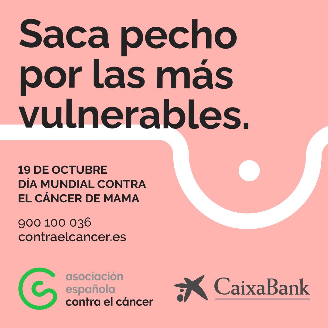 Hoy, en el #DíaContraElCáncerDeMama, #SacaPecho por las mujeres vulnerables que conviven con esta enfermedad y colabora con <a href="/ContraCancerES/">Asociación Española Contra el Cáncer</a>. Haz tu donativo a través de Bizum con el código: 11244 #AcciónSocialCABK DT EBRO <a href="/caixabank/">CaixaBank</a>