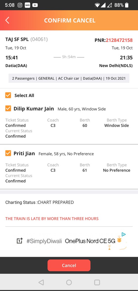kshitizsuri's tweet photo. Train 04061 Taj Express is late by more than 3 hours and I don't  want my parents to travel as it will reach destination at around 2:00 in the midnight. I want to get tickets cancelled, but I am unable to do it from the app, plz help @IRCTCofficial @RailwaySeva @ConsumerReports https://t.co/UouXhwiPRi