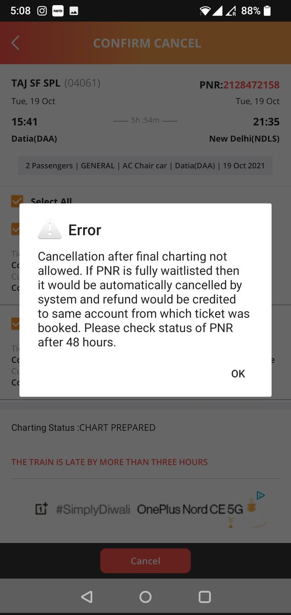kshitizsuri's tweet photo. Train 04061 Taj Express is late by more than 3 hours and I don't  want my parents to travel as it will reach destination at around 2:00 in the midnight. I want to get tickets cancelled, but I am unable to do it from the app, plz help @IRCTCofficial @RailwaySeva @ConsumerReports https://t.co/UouXhwiPRi
