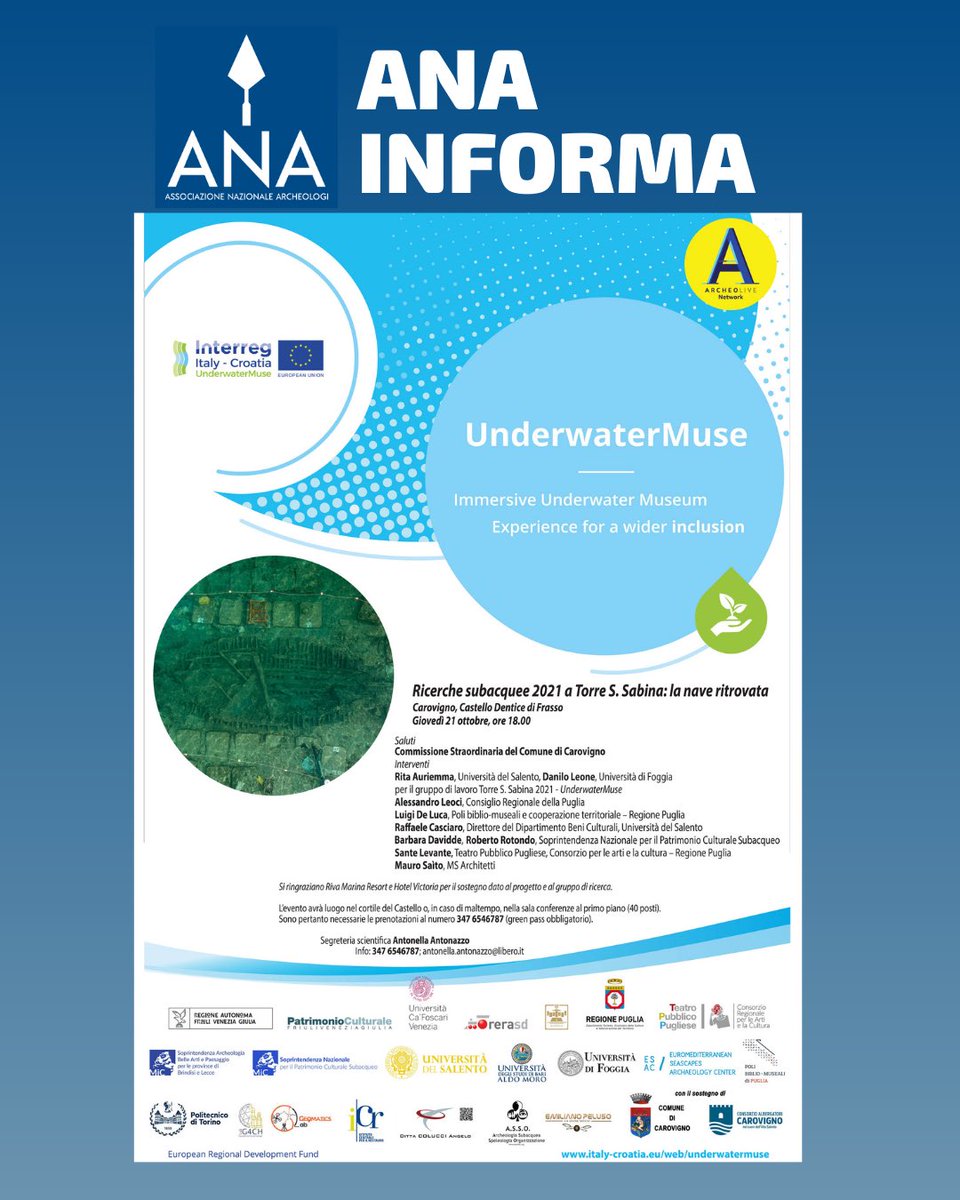 Archeologi's tweet photo. #AnaInforma
 Progetto UnderwaterMuse – “Immersive Underwater Museum Experience for a wider inclusion”

INTERREG V-A ITALIA-CROAZIA 2014-2020 🇮🇹 🇭🇷
Green Pass sono obbligatorio! 
Info e prenotazioni Antonella Antonazzo - Info 347 6546787; antonella.antonazzo@libero.it https://t.co/vBUSL3KNWB