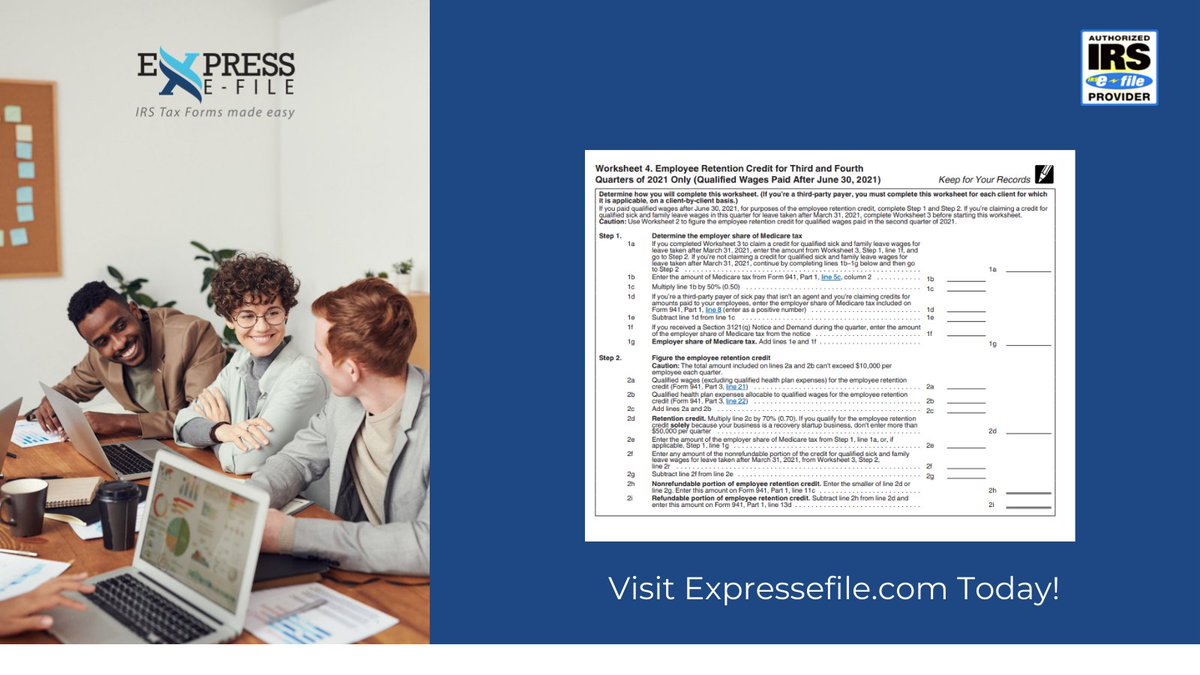 efile_express's tweet photo. The IRS has adjusted the worksheets needed for the 3rd quarter of 2021 to calculate the Employee Retention Credit. Worksheet 2 is replaced by Worksheet 4.  

Visit the link to learn more: https://t.co/d5GAYpGQvW 

#File941 #Form941 #Worksheet4 #Deadline https://t.co/nntR7Wad87