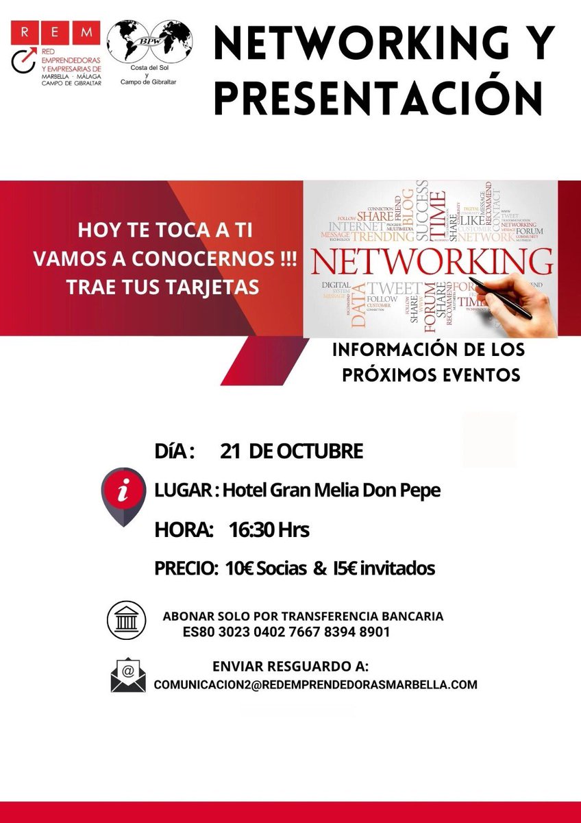 REMMARBELLA's tweet photo. Este 21 de Octubre en Marbella.            #Networking #Emprendedoras y #Empresarias #CostadelSol #CampodeGibraltar.                                         👉🏽Vamos a conocernos!!!         Trae tus tarjetas!!!                                    Creemos sinergia 💪 https://t.co/WaN3iRL7d4